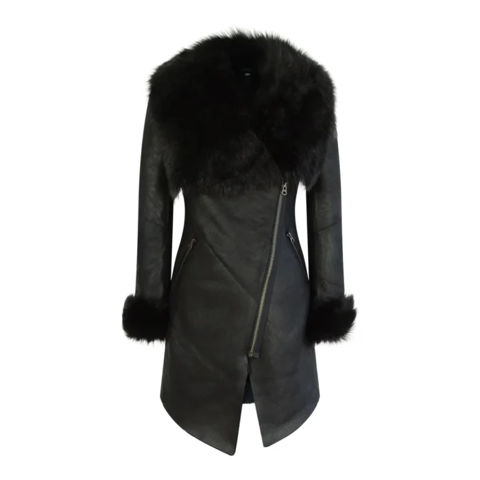 Ladies 3/4 Cross Zip Slim Fit Toscana Genuine Sheepskin Jacket Black Italian Leather - Image 1
