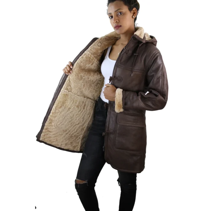 Ladies Real SHEEPSKIN Leather Coat Brown Beige FUR Womens Flying Jacket - Image 4
