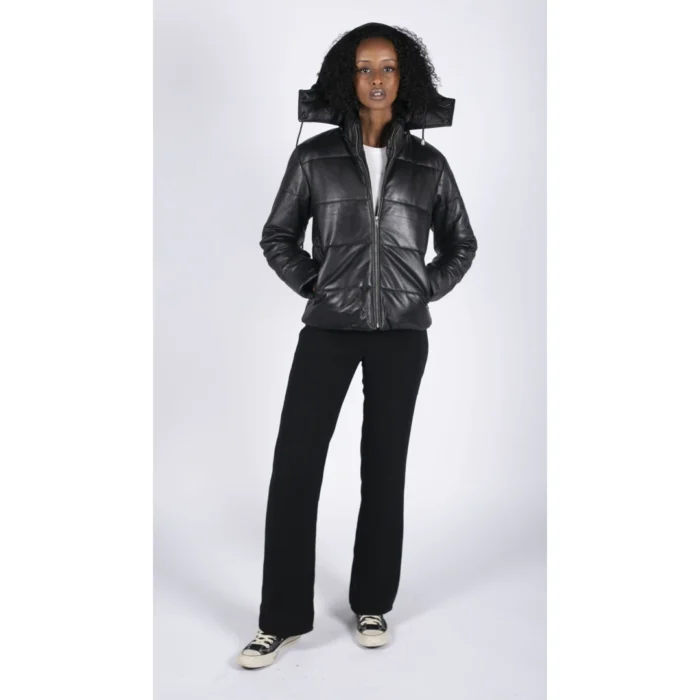 Womens Short Puffer Hood Jacket Real Leather Black Casual Retro 80s Classic - Image 3