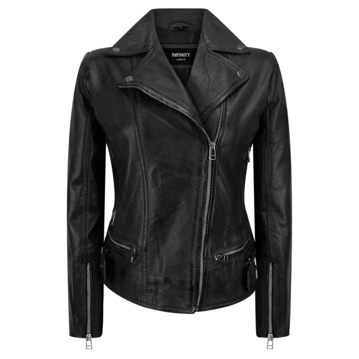 Ladies Women Genuine Real Leather Slim Fit Black Biker Jacket - Image 1