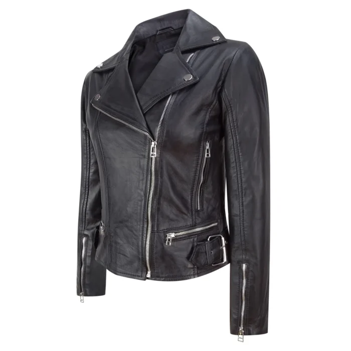 Ladies Women Genuine Real Leather Slim Fit Black Biker Jacket - Image 2