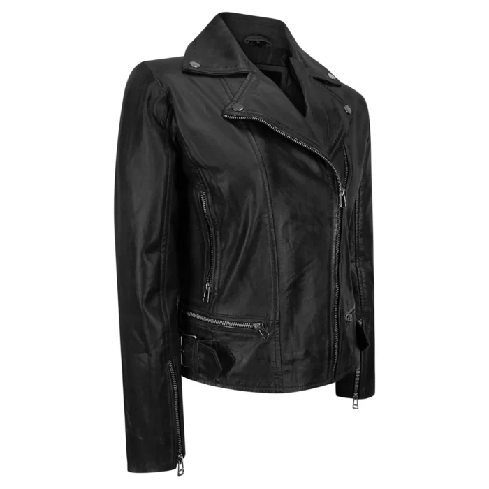 Ladies Women Genuine Real Leather Slim Fit Black Biker Jacket - Image 3