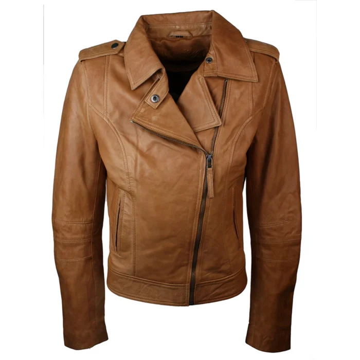 Ladies Leather Brown Slim Fit Short Retro Jacket - Image 1