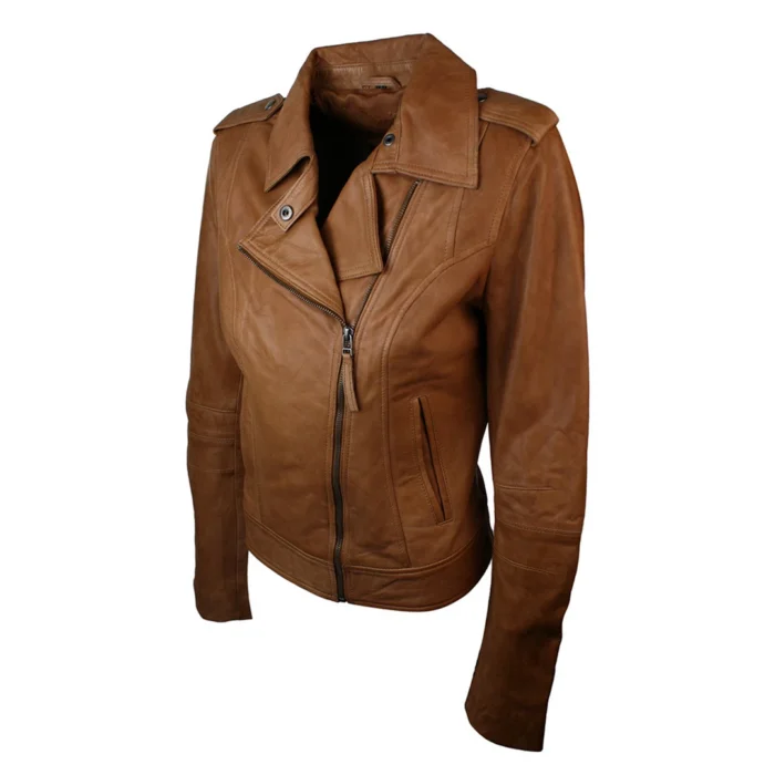 Ladies Leather Brown Slim Fit Short Retro Jacket - Image 3
