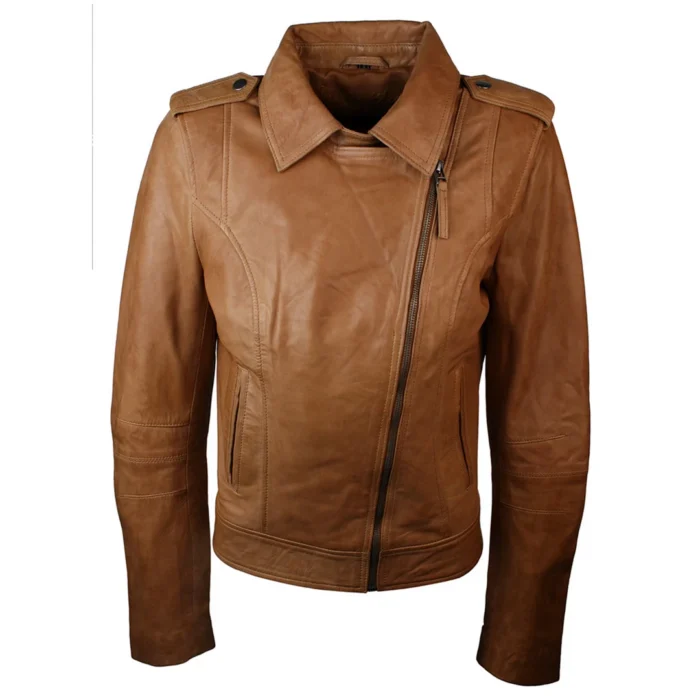 Ladies Leather Brown Slim Fit Short Retro Jacket - Image 2