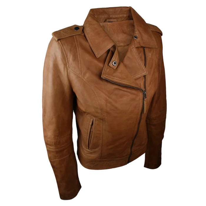 Ladies Leather Brown Slim Fit Short Retro Jacket - Image 4