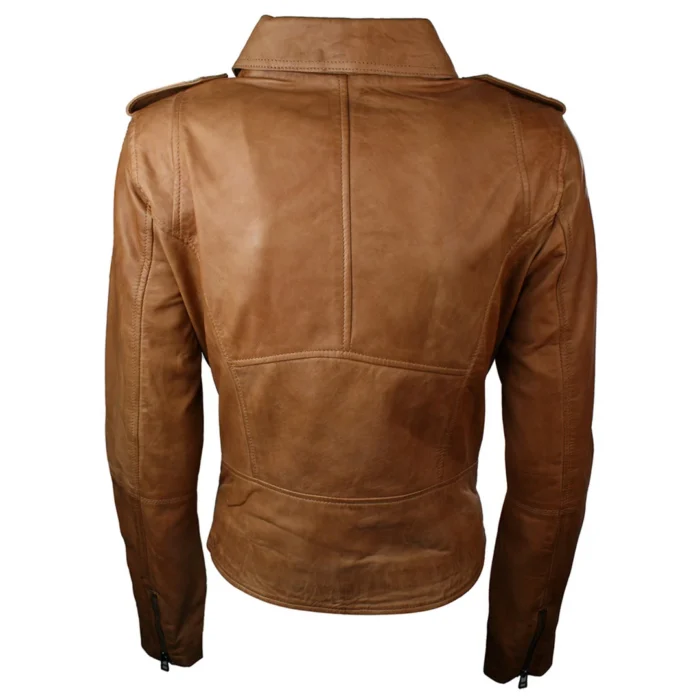 Ladies Leather Brown Slim Fit Short Retro Jacket - Image 7
