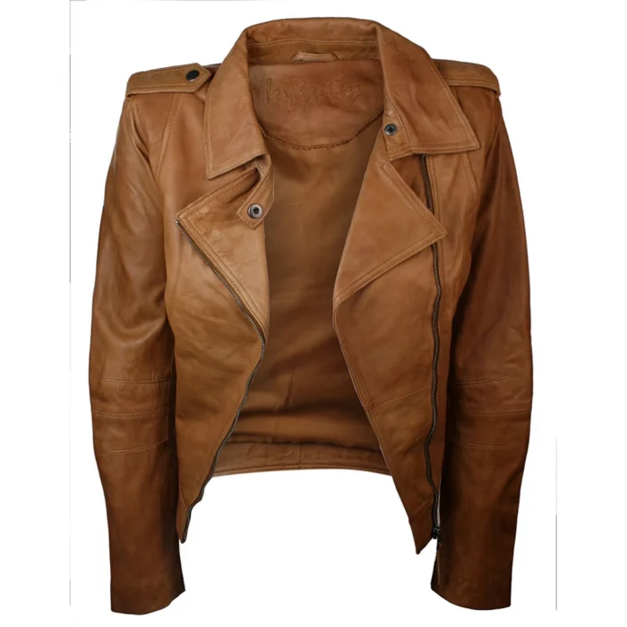 Ladies Leather Brown Slim Fit Short Retro Jacket - Image 6