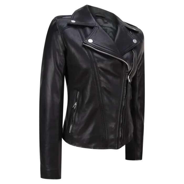 Ladies Leather Jacket Classic Biker Style Black REAL Leather Womens Jacket - Image 2