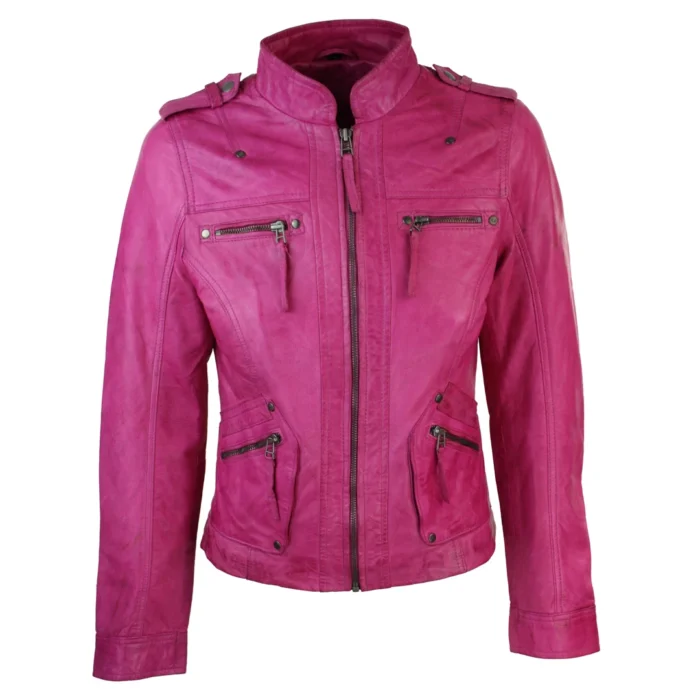 Ladies Women Genuine Real Leather Slim Fit Yellow Green Pink Biker Jacket - Image 10