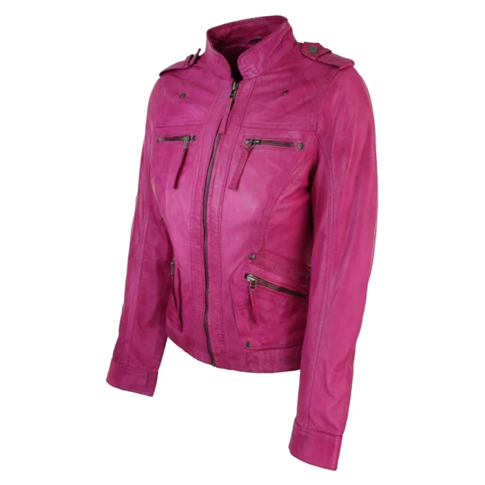 Ladies Women Genuine Real Leather Slim Fit Yellow Green Pink Biker Jacket - Image 14