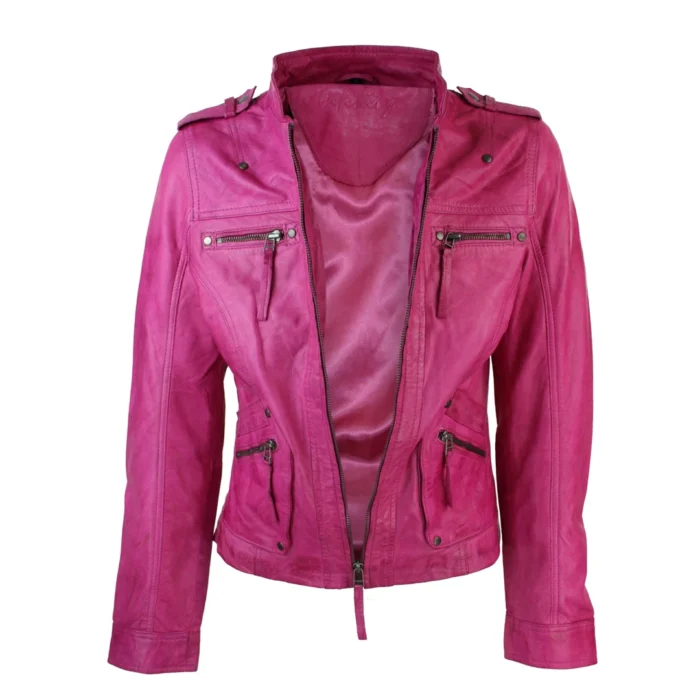 Ladies Women Genuine Real Leather Slim Fit Yellow Green Pink Biker Jacket - Image 12