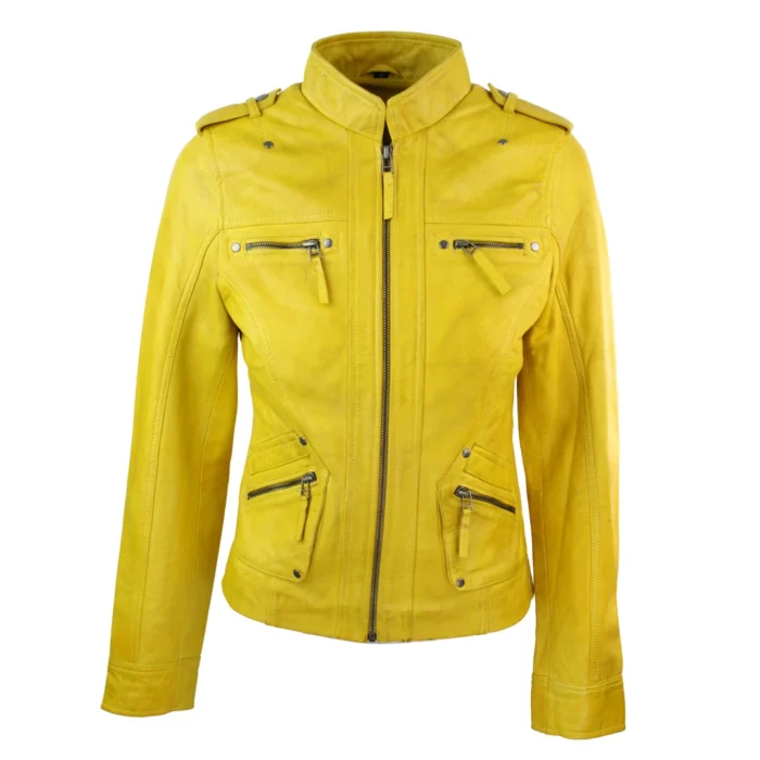 Ladies Women Genuine Real Leather Slim Fit Yellow Green Pink Biker Jacket - Image 15