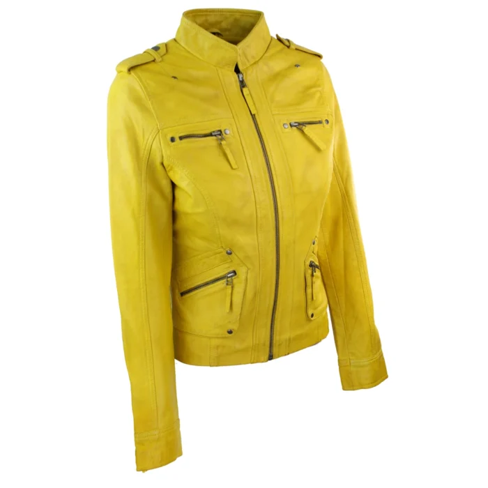 Ladies Women Genuine Real Leather Slim Fit Yellow Green Pink Biker Jacket - Image 21