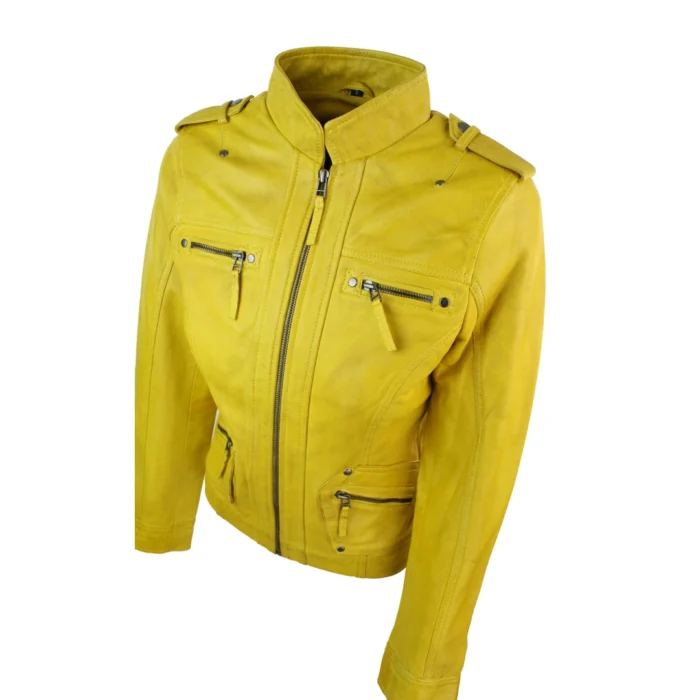 Ladies Women Genuine Real Leather Slim Fit Yellow Green Pink Biker Jacket - Image 19