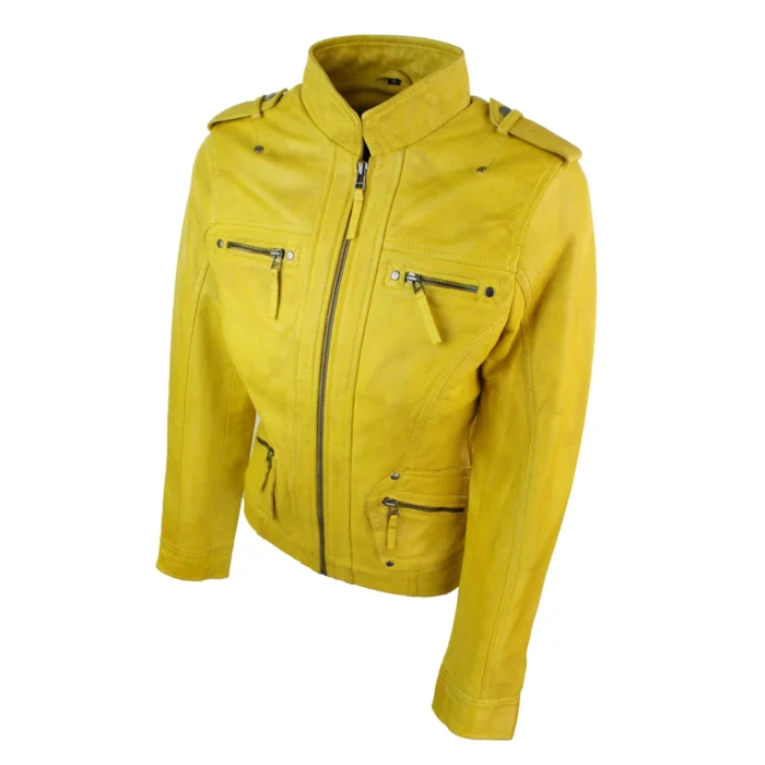 Ladies Women Genuine Real Leather Slim Fit Yellow Green Pink Biker Jacket - Image 18