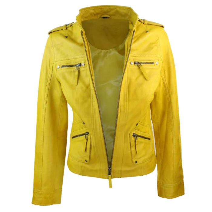 Ladies Women Genuine Real Leather Slim Fit Yellow Green Pink Biker Jacket - Image 16