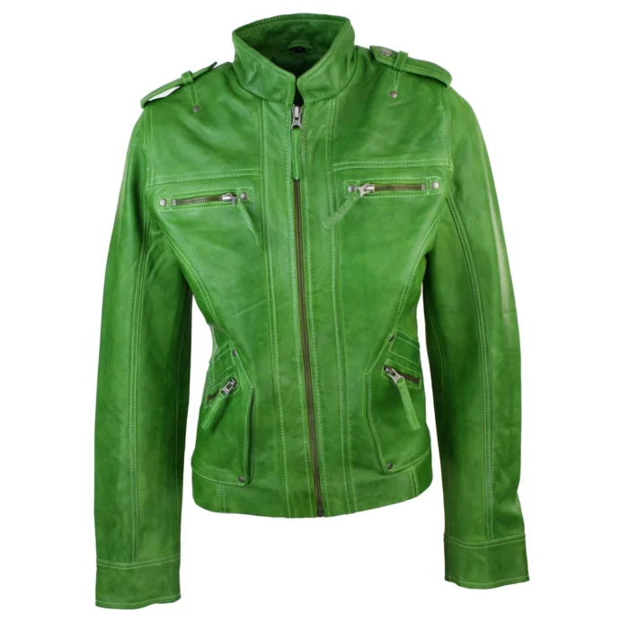 Ladies Women Genuine Real Leather Slim Fit Yellow Green Pink Biker Jacket - Image 5