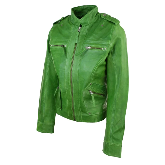 Ladies Women Genuine Real Leather Slim Fit Yellow Green Pink Biker Jacket - Image 9