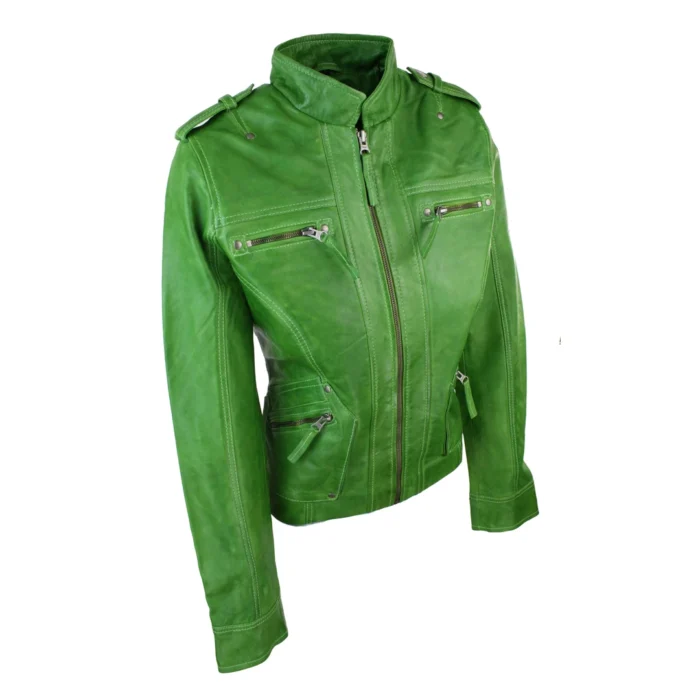Ladies Women Genuine Real Leather Slim Fit Yellow Green Pink Biker Jacket - Image 8