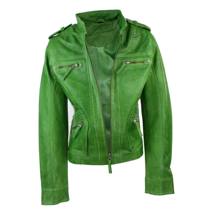 Ladies Women Genuine Real Leather Slim Fit Yellow Green Pink Biker Jacket - Image 7