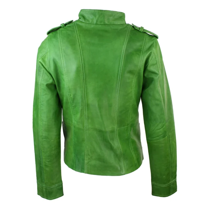 Ladies Women Genuine Real Leather Slim Fit Yellow Green Pink Biker Jacket - Image 6