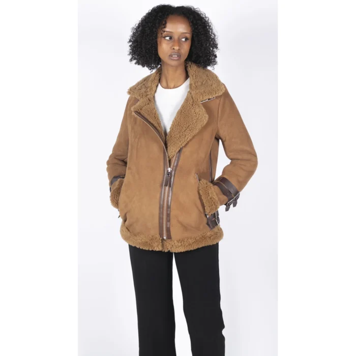 Womens Genuine Sheepskin Leather Cross Zip Flying Aviator Jacket Camel Brown Fur - Image 2