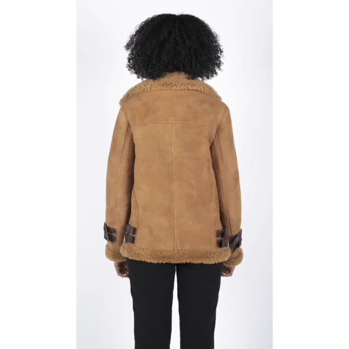 Womens Genuine Sheepskin Leather Cross Zip Flying Aviator Jacket Camel Brown Fur - Image 3