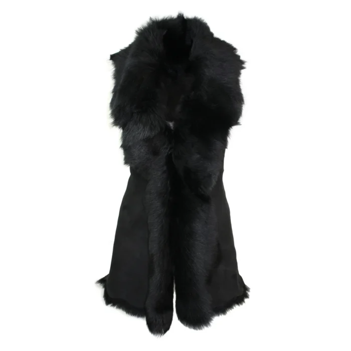 Ladies Women Real Spanish Toscana Shearling Sheepskin Black Leather Waistcoat Gilet - Image 1