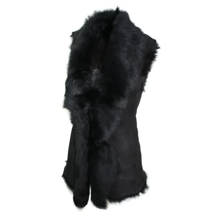 Ladies Women Real Spanish Toscana Shearling Sheepskin Black Leather Waistcoat Gilet - Image 4