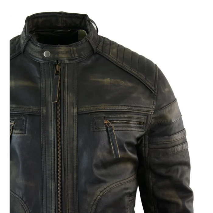 Mens Black Brown Vintage Biker Real Leather Jacket Distressed Zipped Casual - Image 11