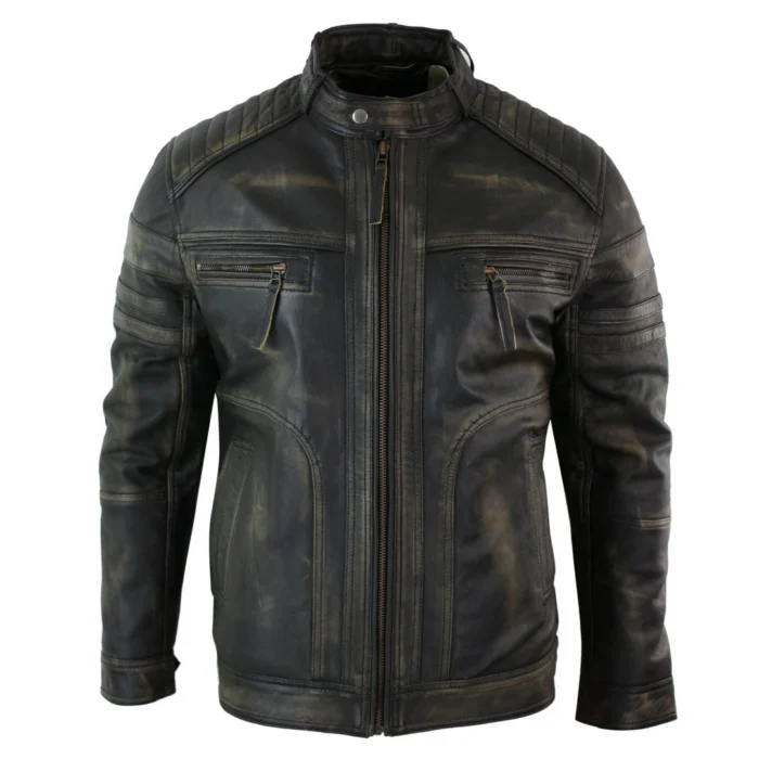 Mens Black Brown Vintage Biker Real Leather Jacket Distressed Zipped Casual - Image 8