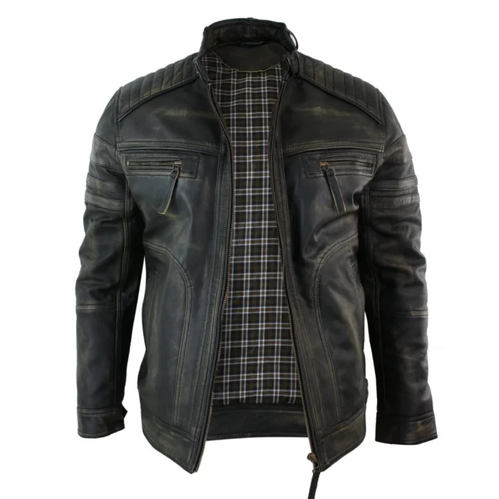 Mens Black Brown Vintage Biker Real Leather Jacket Distressed Zipped Casual - Image 10