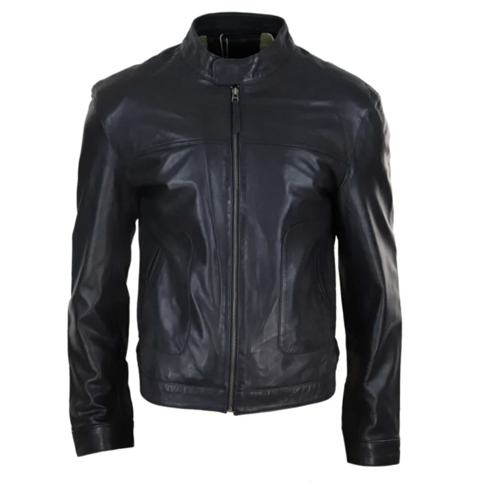 Mens Classic Casual Genuine Leather Biker Style Jacket Collarless Retro - Image 1