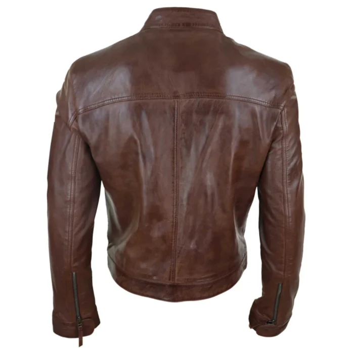 Mens Classic Casual Genuine Leather Biker Style Jacket Collarless Retro - Image 7