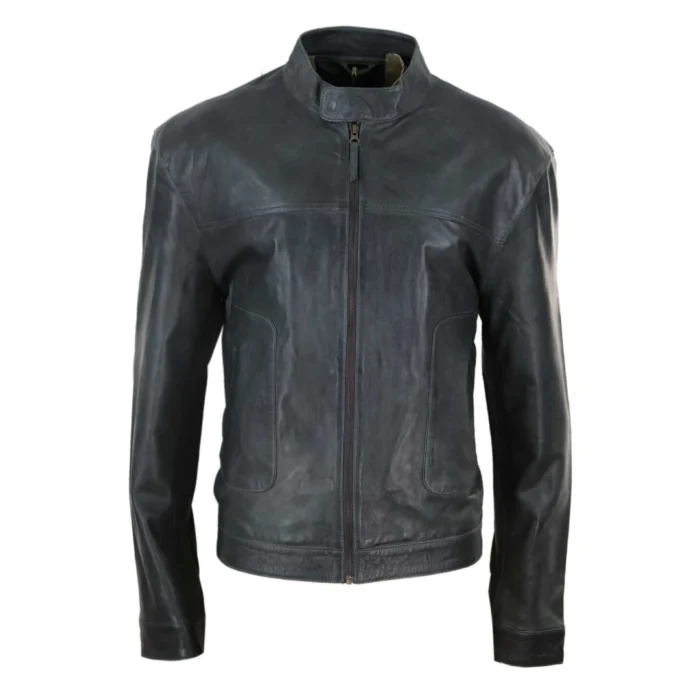 Mens Classic Casual Genuine Leather Biker Style Jacket Collarless Retro - Image 11