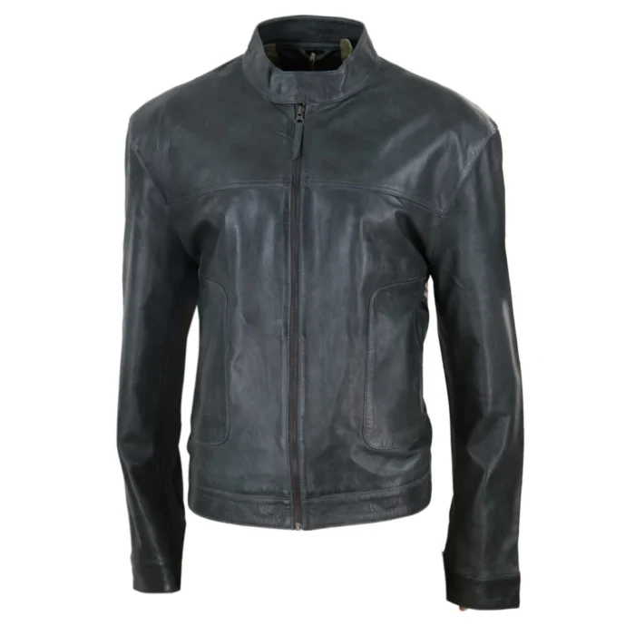 Mens Classic Casual Genuine Leather Biker Style Jacket Collarless Retro - Image 15