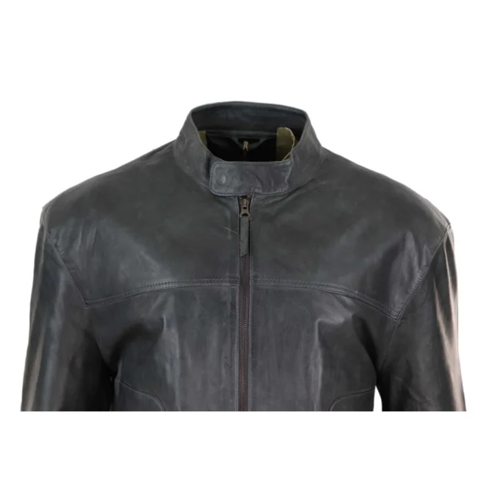 Mens Classic Casual Genuine Leather Biker Style Jacket Collarless Retro - Image 13