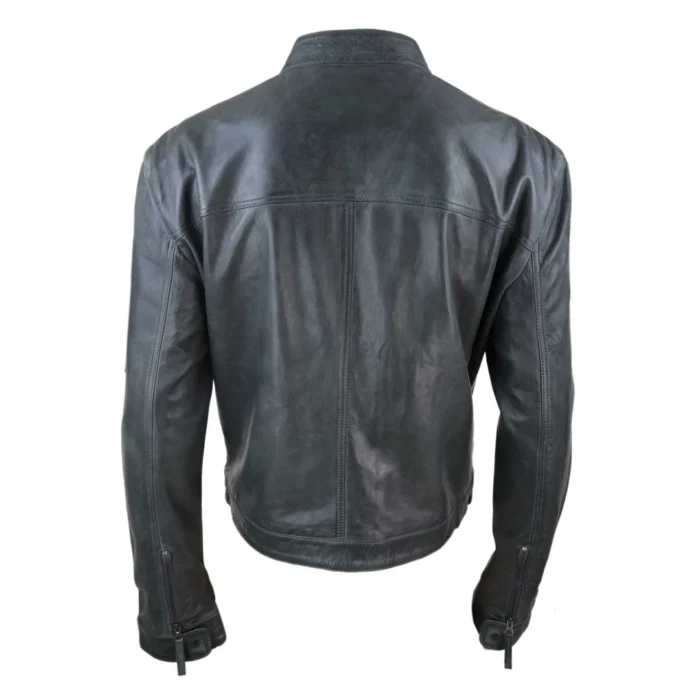 Mens Classic Casual Genuine Leather Biker Style Jacket Collarless Retro - Image 12