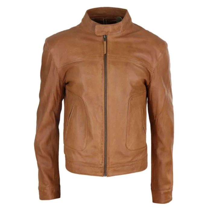Mens Classic Casual Genuine Leather Biker Style Jacket Collarless Retro - Image 16