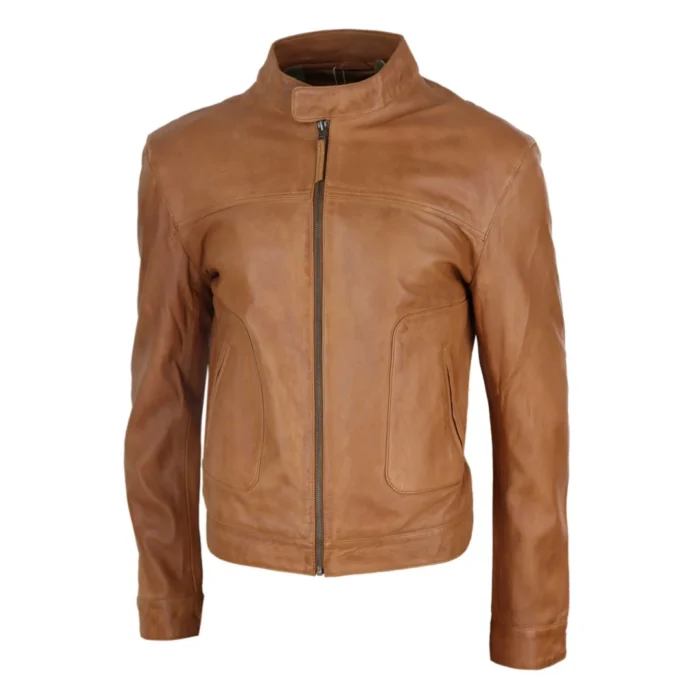 Mens Classic Casual Genuine Leather Biker Style Jacket Collarless Retro - Image 20