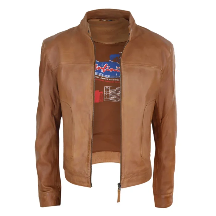 Mens Classic Casual Genuine Leather Biker Style Jacket Collarless Retro - Image 19