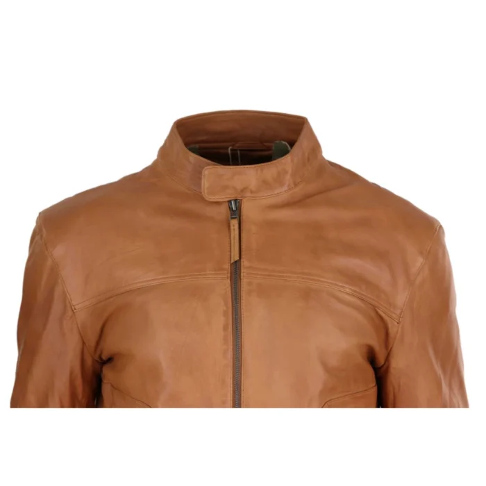 Mens Classic Casual Genuine Leather Biker Style Jacket Collarless Retro - Image 18