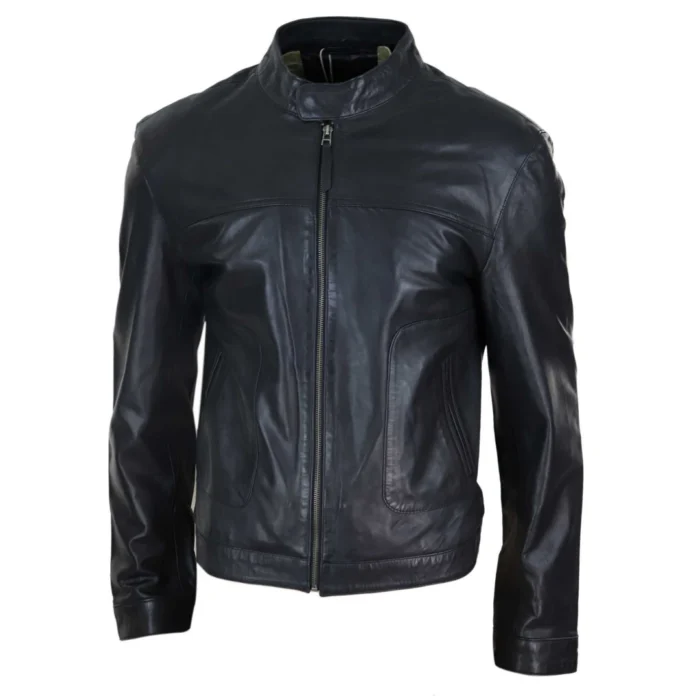 Mens Classic Casual Genuine Leather Biker Style Jacket Collarless Retro - Image 2