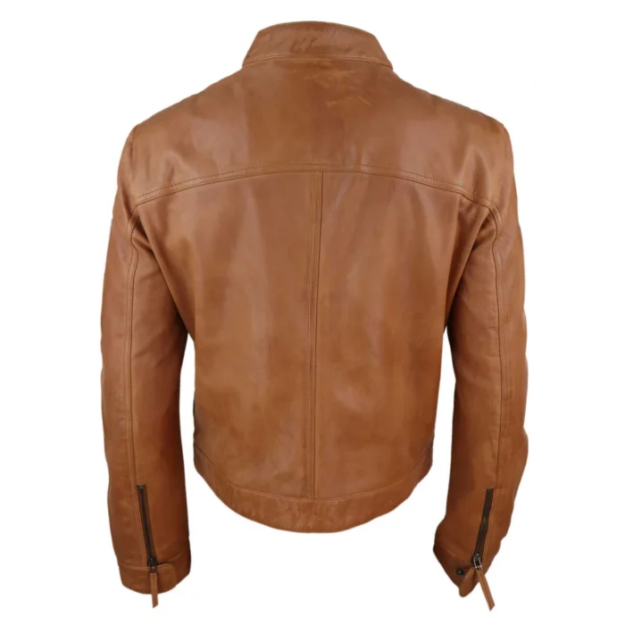 Mens Classic Casual Genuine Leather Biker Style Jacket Collarless Retro - Image 17