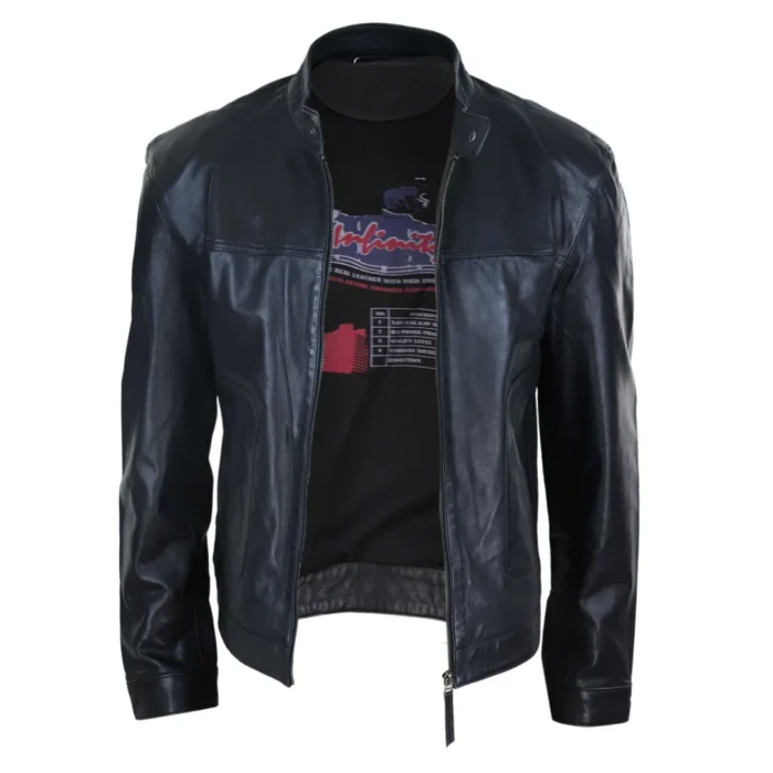 Mens Classic Casual Genuine Leather Biker Style Jacket Collarless Retro - Image 5