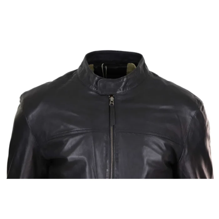 Mens Classic Casual Genuine Leather Biker Style Jacket Collarless Retro - Image 4