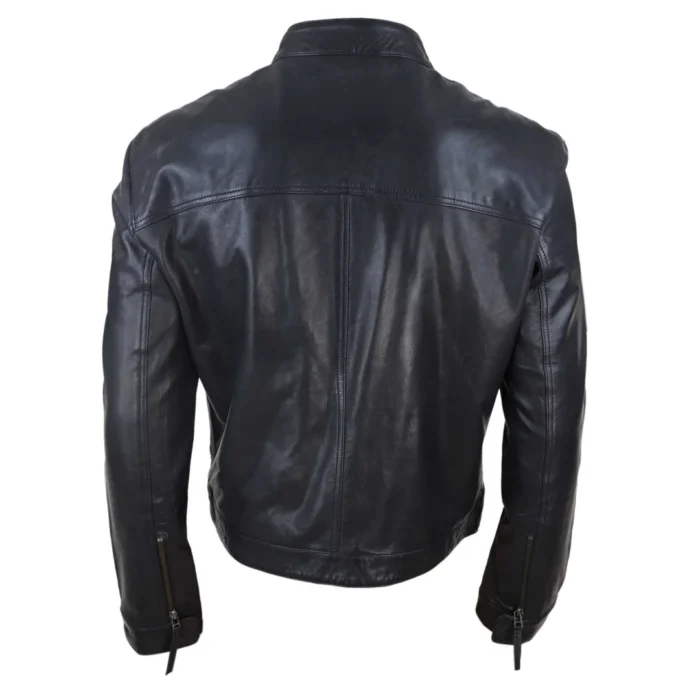Mens Classic Casual Genuine Leather Biker Style Jacket Collarless Retro - Image 3