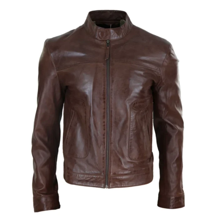 Mens Classic Casual Genuine Leather Biker Style Jacket Collarless Retro - Image 6