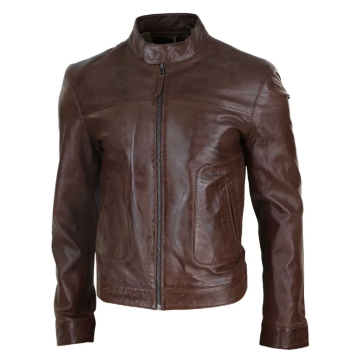 Mens Classic Casual Genuine Leather Biker Style Jacket Collarless Retro - Image 10